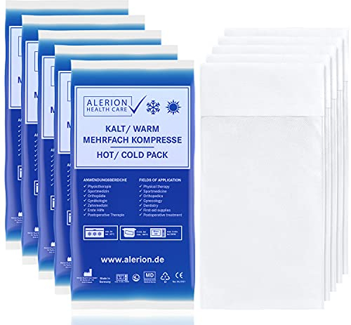 ALERION® 5x Kalt Warm Kompresse 9x16 cm Set Angebot mit Vlieshülle Mehrfach Kompresse Wiederverwendbar Mikrowellen geeignet + 5 Vlieshüllen Coolpad Kühlpads Blau