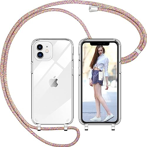 Nupcknn Handykette für iPhone 12/12 Pro Hülle mit Band,Ultra Dünn Transparent Handyhülle (Abnehmbar) Necklace mit Kordel zum Umhängen Kameraschutz Handy Kette Stossfest Schutzhülle (Regenbogen, 6.1)