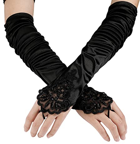 MWOOT Schwarze Fingerlose Spitzenhandschuhe für Frauen, Brautmode, Cosplay, Party - Satin, Schwarz, 41 cm / 16.17'' - Handschuhe