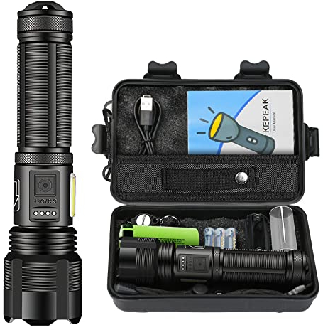 Taschenlampe Led Aufladbar, Led Taschenlampe Extrem Hell Zoom mit 3200mAh AKKU und 3pcs AAA Batterie, Taktische Taschenlampe Wasserdicht mit Seitenlichter für Camping, Angeln, Outdoor, Notfälle