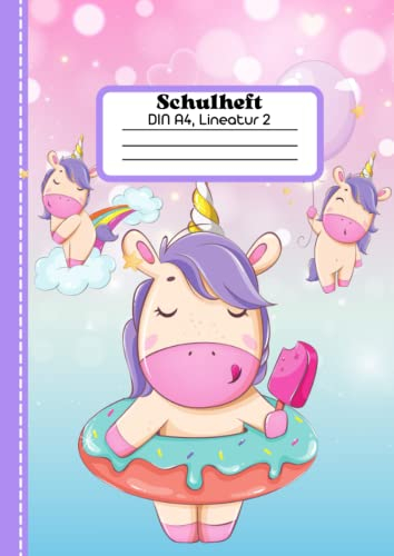 Schulheft liniert für die 2. klasse lineatur 2, din A4 - Das Lila Einhorn: Schulheft lineatur 2, Schreibheft lineatur 2 din A4 kontrastlineatur
