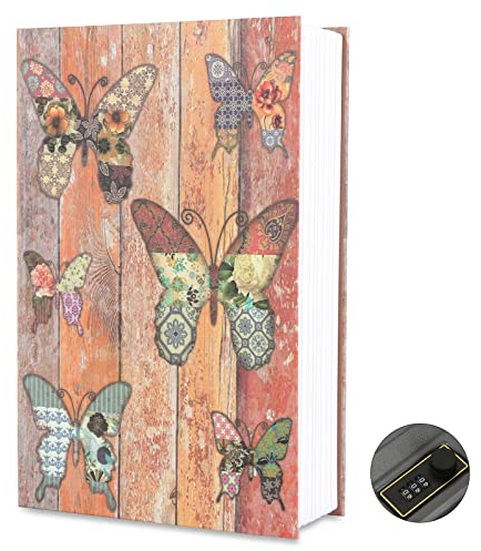 Foreverup Cassaforte per libri con lucchetto a combinazione, cassaforte per libri, 24 x 15,5 x 5,5 cm, cassaforte per ufficio, casa, regalo (farfalla colorata)