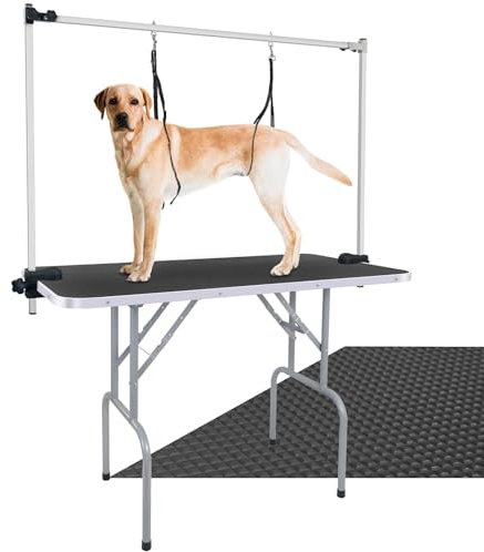 LEIBOU Professioneller Fellpflegetisch für Hunde, zusammenklappbar, robust, mit Werkzeughalter, H-förmiger Arm, Schlinge und Netzschale, maximale Kapazität bis zu 117,9 kg, Schwarz