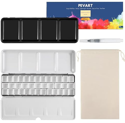 PEVART Empty Watercolour Paint Palette, Metal Box Mixing Palette Case with 37 Water Colour Half Pans and Fold-Out Palette Tin Paint Tray Travel Watercolor Set (Black, Medium)