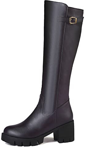 Diuniarza Stivali Alti Al Ginocchio da Donna con Tacco Medio, Stivaletto Tacco a Blocco Zip Punta Rotonda Boots Eleganti con Plateau, 19884Rwz Marrone/Hm Numero 43 EU