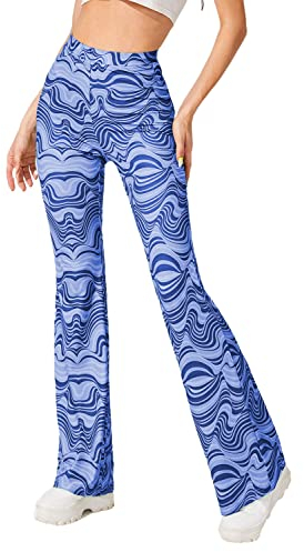 EVELUST Festival Flare Hosen Für Damen - 70er Jahre Outfit Hippie Kleidung Flower High Waist Breite Bein Flair Leggings Rave Disco Kostüm Palazzo Schlaghose Sommer Bell Bottom(Blue, XS, 1040w)