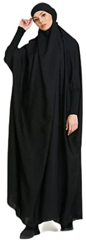 BRONG Damen Muslimisches Einteiliges Gebetskleid Abaya Jilbab Frauen Musselin Dubai Türkei Robe Gebet Jilbab Ganzkörper Maxi Kleid mit Hijab Schwarz