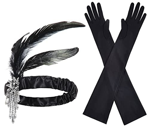 SJBAUTYO 2 Stück 20er Jahre Flapper Stirnband Zubehör Set Vintage Flapper Feder Stirnband Schwarz Lange Handschuhe Feder Stirnband Kostüm Abschlussball Hochzeit Karneval Party 20er Jahre Haarschmuck