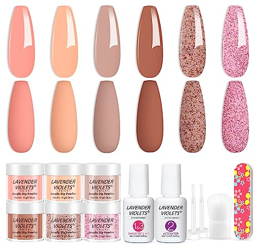 Lavender Violets 12Pcs Dip Powder Nail Kit Starter - 6 Colours Salmon Orange Nude Pink Shimmer Dipping Powder System Liquid Set with Base & Top Coat Activator for French Nail Art Manicure M203