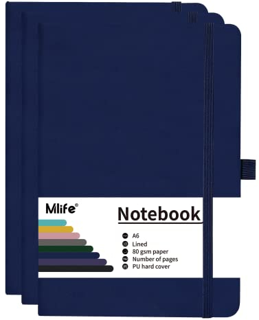 Mlife 3Pack A6 Klein Journal Notizbuch, 192 Seiten, A6 Notizbücher Mini Hardcover mit elastischem Verschlussband und Falttasche (Blau