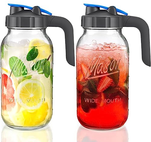 2 Pack 64 oz Sun Tea Pitcher, Half Gallon Mason Jar Pitcher with Wide Mouth Airtight Lid for Ice Tea, Cold Brew Coffee, Fridge Water, Breast Milk, Juices, Leak Proof