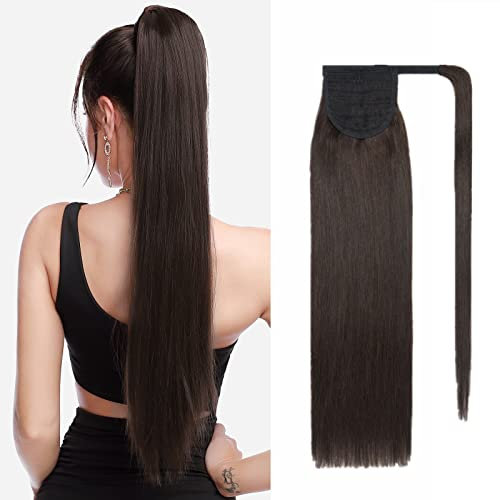 Benehair Ponytail Extension Echthaar, 100% Echthaar Zopf Extensions Echthaar, Wrap Around Ponytail für Frauen, Dunkel Braun Pferdeschwanz Echtes Haar Haarverlängerung 45 CM 90g #2