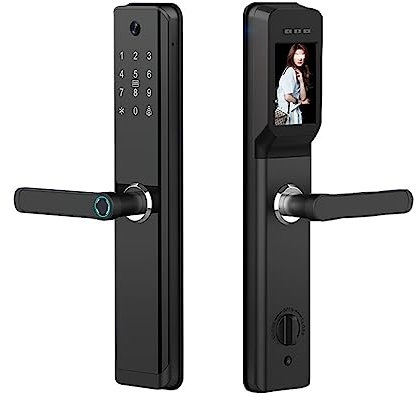 Cerradura inteligente WiFi Tuya con mango inglés/ruso/español/portugués contraseña de huella digital cerradura de puerta inteligente electrónica con cámara (Color : H12 24240 with hook)