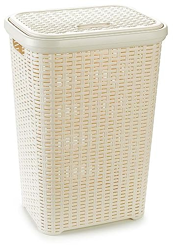 Acan Tradineur - Cesto para Ropa Sucia con Asas y Tapa, pongotodo Rattan de plástico, Cubo para Colada, imitación Mimbre, hogar (Beige, 60 litros, 61,5 x 42,5 x 34 cm)