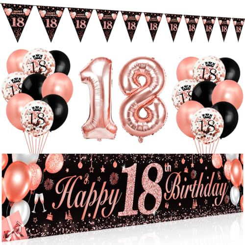 Bluelves Deko 18. Geburtstag Mädchen, Luftballon 18 Geburtstag Mädchen, Schwarz Roségold Extra Lange Happy Birthday Banner (210 x 40cm) + Girlande Wimpel + Schwarz Rosegold Konfetti Luftballons