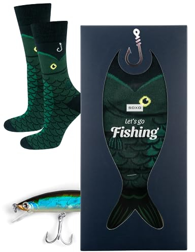 soxo Angler Socks Men Funny Women Gifts Mens Cotton Sock Funky Ladies Gift Men's Presents Fish 6.5-10.5 Green Fish