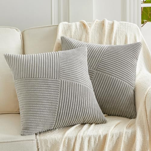FDTERN 2er Set Hellgrau Boho Dekorativ Kissenbezug 50x50 mit Diagonales Gestreiftes Muster Weich Kordsamt Kissenhülle Zierkissenbezüge Sofakissen Dekokissen Deko für Sofa Schlafzimmer Wohnzimmer