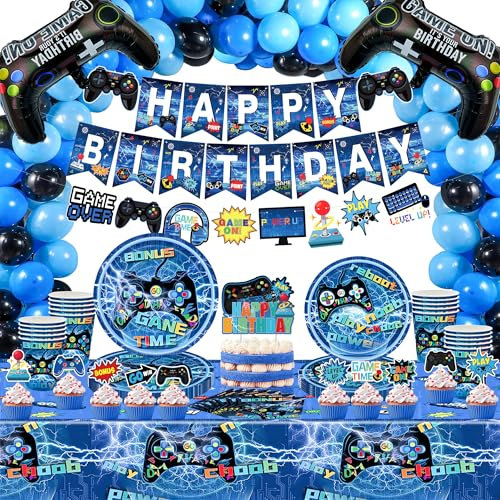 Video Game Party Supplies, Video Game Birthday Decorations, Plate, Napkin, Cup, Gaming Party Tablecover, Happy Birthday Banner, Gaming Balloons, Balloon Arch Kit for Boys Men, Serves 20