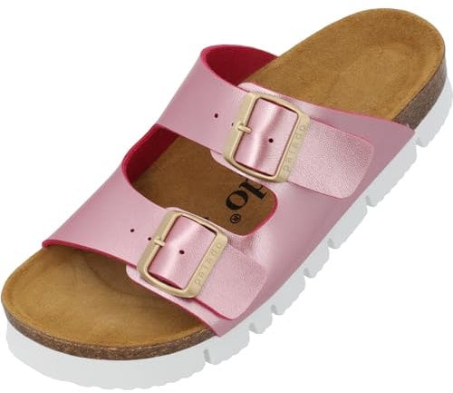 Palado Pantoletten Damen Korfu PL Metallic - bequeme Sandalen Made in Spain - Hausschuhe mit Kork-Fußbett - modische Sommerschuhe Pink UK9 - EU42
