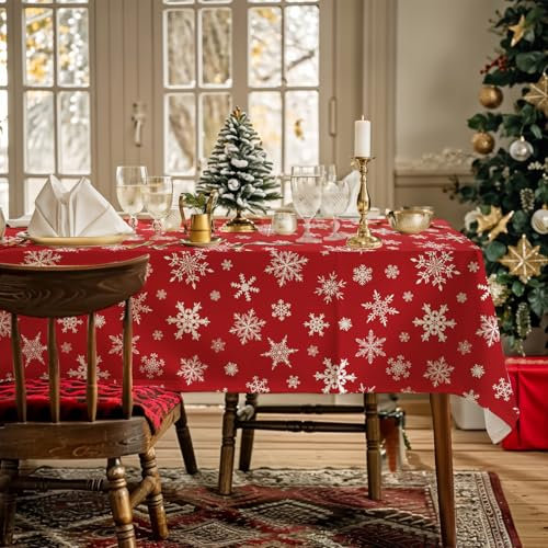 AIBIIN Weihnachtstischdecke mit weißen Schneeflocken, rechteckig, wasserdicht, Polyestergewebe, Tischdecke, Party-Tischdekoration, Zubehör, 142 x 259 cm