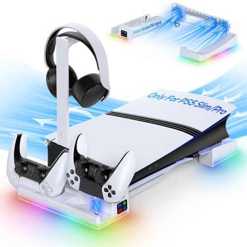 MENEEA PS5 PRO Digital & PS5 Slim RGB Horizontal Stand & Auto Cooling Station with 3-gear Fan, Dual PS5 Controller(Edge) Charger for PlayStation 5, with 14 RGB Light Modes & Removeable Headset Holdler