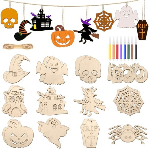 Furuising 24 Stück Halloween Holz Bastelset, 12 Stile Holzanhänger zum Bemalen, Halloween Holzornamente, Halloween Holzteile mit 8 Farbstift, 10m Jutefaden für Halloween Dekoration, DIY