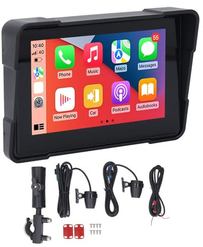 Tragbarer Motorrad-Bildschirm, Wasserdichter 5-Zoll-Touchscreen, HD 1080P-Dual-Kameras, Dual-Bluetooth, Kabellose/Android-Auto-GPS-Navigation, Loop