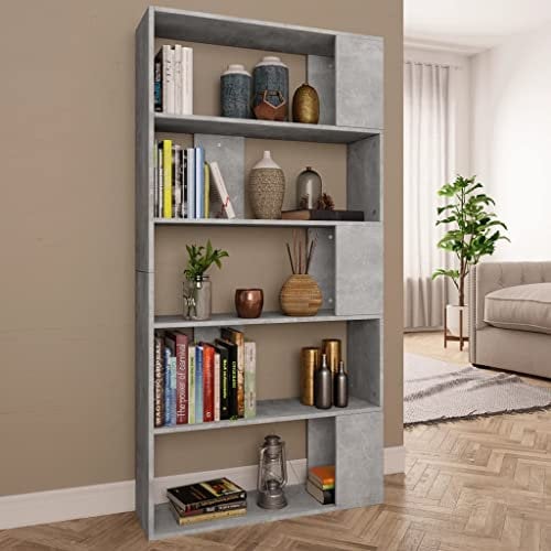Myheimly Bücherregal Raumteiler mit 5 großen Fächern Wandregal Standregal Aktenregal Raumtrenner Büroregal Regal 80x24x159cm Holzwerkstoff Betongrau