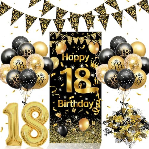 18 Geburtstag Deko,Rainllon 18. Geburtstag Junge Mädchen,Konfetti Deko 18.Geburtstags Deko Luftballons Schwarz Gold,Geburtstagsdeko 18 Lange Banner,Deko 18 Geburtstags Mädchen Junge