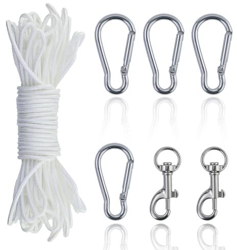 Corde de drapeau de 20 m - Corde en nylon blanc - Résistante aux intempéries - Avec 4 mousquetons et 2 boucles de fusil - Pour jardins, camping, sports de plein air