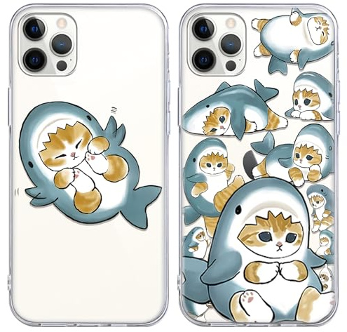 Yimctoie [2 Stück Handyhülle für iPhone 12/12 Pro 6.1, Schutzhülle mit Cartoon Anime Mofusand Muster Design Niedlicher Katze Funny Weich TPU Silikon Stoßfest Case, Lying