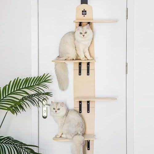 Cat Tree Door, Over Door Hanging Cat Climber, Cat Vertical Climbing Door, Hanger Cat Shelves, 4-Levels Versatile Wooden Vertical Cat Board Shelf Cat Perch Tower, for Climb, Scratch, Lookout, Play