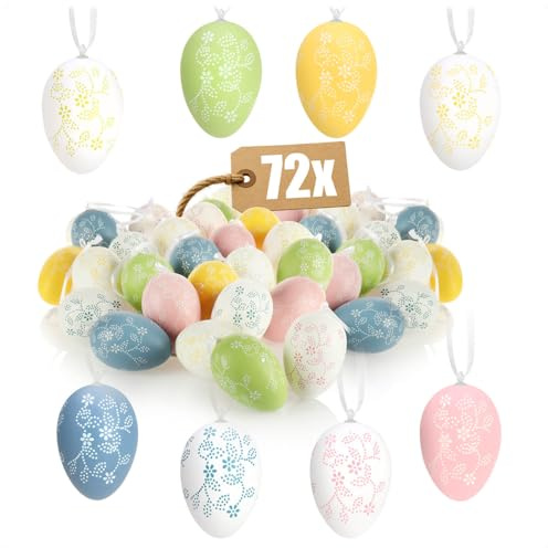 com-four® 72x Dekoaufhänger Ostern, Oster-Eier aus Kunststoff zum Aufhängen | Aufhänger für den Osterstrauß - Eier in bunten Farben mit Blumen-Motiv