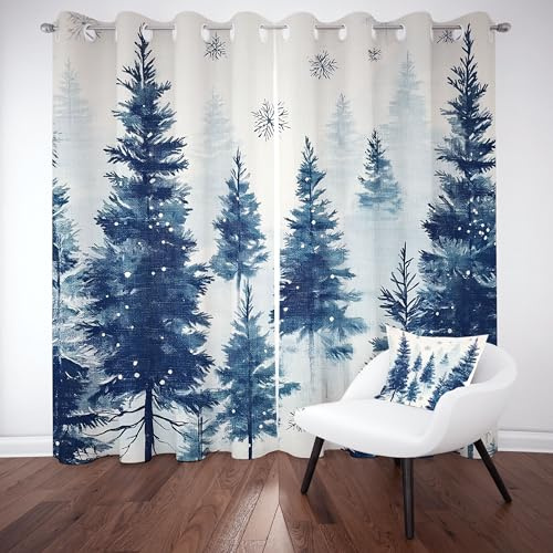 Pflanze Tannenbaum Vorhang Blickdicht Weiße Schneeflocken Gardinen mit Ösen Winterlandschaft Verdunklungsvorhänge für Vorhänge Wohnzimmer Schlafzimmer, Thermo Vorhänge H166 x B75 cm (2er Pack)