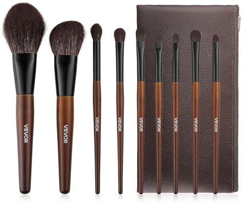 VEVOR Pinceaux Maquillage 9 PCS Pinceau Maquillage Professionnel pour Fond de Teint, Fard à Paupières, avec Poils Synthétiques, Laine Naturelle Douce, Manche Ergonomique Bois, Sac de Rangement Voyage