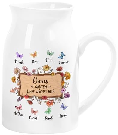 Geschenke Mall Personalisierte Keramik Vase - Omas Garten Liebe Wächst Hier - Vase oma, Blumenvase rosa, vase mit Gravur Mama, Geschenke Mama, Personalisierte Geschenke oma (8 Schmetterlinge)