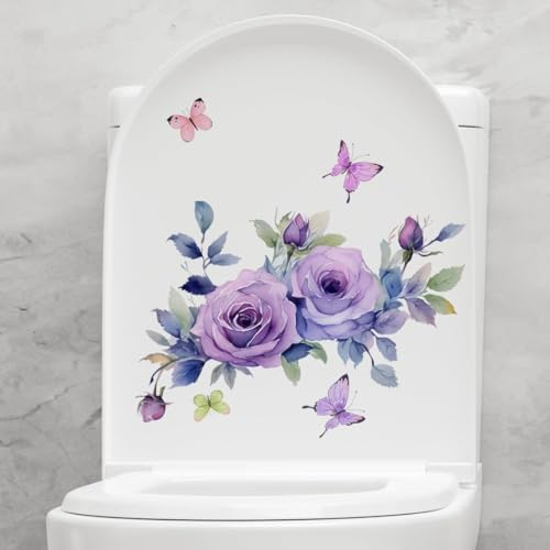 Butterfly Floral Toilet Seat Lid Decals, Purple Self-Adhesive Bathroom Wall Stickers, Waterproof Removable Toilets Sticker