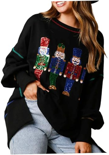 AZIDWERYQ Nussknacker-Sweatshirt, Weihnachten, glitzernder Pailletten-Aufdruck, Nussknacker-Hemd, Rundhalsausschnitt, langärmlig, Pullover, Sweatshirts, Oberteile, Schwarz, L. Pullover