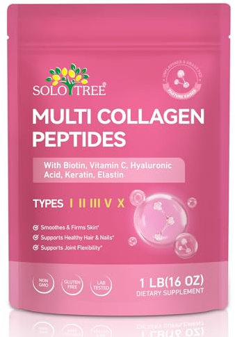 Multi Collagen Peptides Powder, 1 lb Unflavored Hydrolyzed Collagen Types，16 oz (41 Servings)-Hyaluronic Acid Power,Grass Fed Collagen Supplements for Women and Men, Non GMO