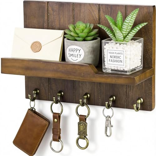 MICHIHOMIE Wooden Key Holder for Wall, Key Hooks Wall Mounted with Wood Tray and 5 Hooks, Home Decor Key Rack Organizer for Hallway, Entryway, Office, Mudroom, Bedroom