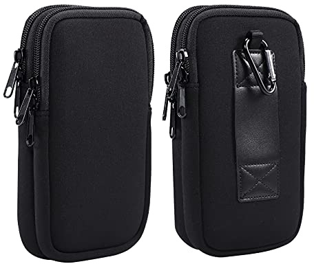 Neoprene Dual Mobile Phone Sleeve Double Phone Pouch Case Belt Holster for Samsung Galaxy A06 A16 A17 A26 A56 A55 A15 S25 Ultra iPhone 17 Pro Max 16 Pro Max Google Pixel 9 Pro XL OnePlus 15 (Black)