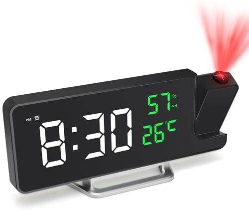 Foyucool Projection Alarm Clock Bedside with 180° Projector | Mains Powered Alarm Clocks Dedside with Battery Backup, USB Charger, Snooze, Date Temperature Display for Heavy Sleeper