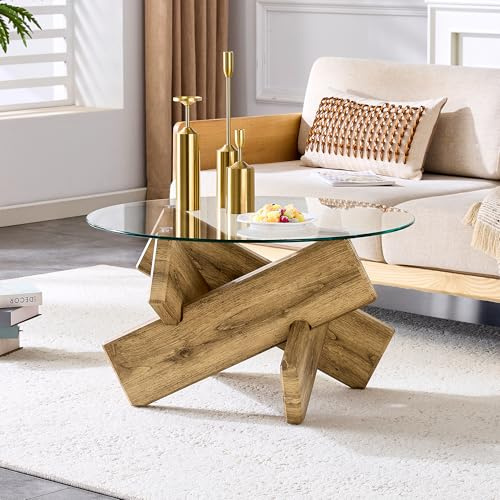 HaoChrymec Table Basse Ronde MDF + Verre, Design Créatif avec Cadre en Bois Croisé, Surface en Verre Trempé de 0.8 cm, 79 cm de Diamètre, Style Moderne et Élégant
