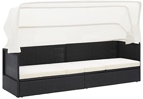 THOYTOUI Gartensofa mit Sonnendach Schwarz PE-Rattan - Sonnenliege mit Klappdach & Sitzkissen für Gemütliche Entspannung im Garten (205 x 62 x 70 cm)