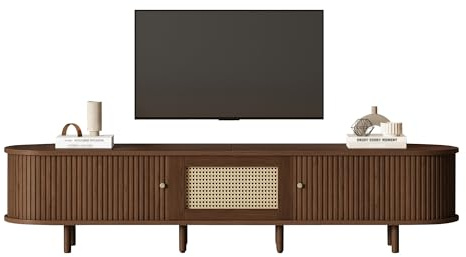 RAPRAP 180cm Tv Schrank Holz mit Rattan Optik, Tv Lowboard Stehend Walnuss, Goldene Griffe & Höhenverstellbare Beine, Fernsehschrank Modern Retro,180cm b