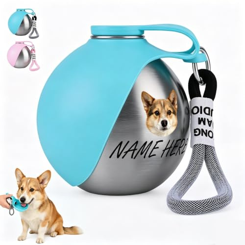 Personalised Dog Water Bottle for Walking with Photo & Name, Custom 2 in 1 Portable Pet Water Bottle, Stainless Steel Dog Travel Bottle & Silicone Bowl for Walks, Hikes, Road Trips, Park Visits (Blue)