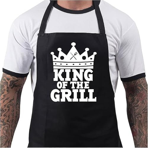 BBQ Aprons for Men, Funny Cooking BBQ Apron in 100% Cotton, Adjustable with 2 Pockets, Birthday, Christmas, Cooking Gifts for dad, chef, husband, him - King of the Grill - Black
