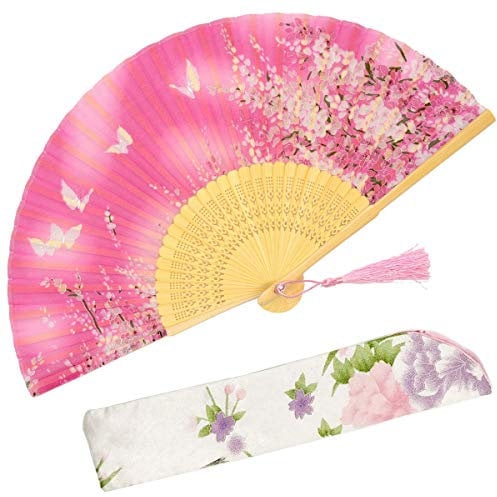 OMyTea Sakura Chinese/Japanese Women Hand Held Silk Folding Fans with Bamboo Frame - With a Fabric Sleeve for Protection (WZS-3)