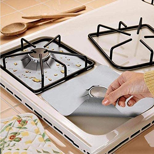 Wiederverwendbare Herdbrenner-Abdeckungen, Fiberglas, Gasherd-Schutzmatte, Küchenwerkzeug, antihaftbeschichtet, schnell reinigende Einsätze für Küche/Kochen (Silber)