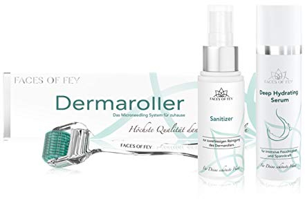Microneedling Set Basic FACES OF FEY - 192 ECHTE NADELN- mit Dermaroller, Hyaluron Serum und Sanitizer - Nadelroller 0,5 mm für Gesicht & Körper - straffung & Modellierung